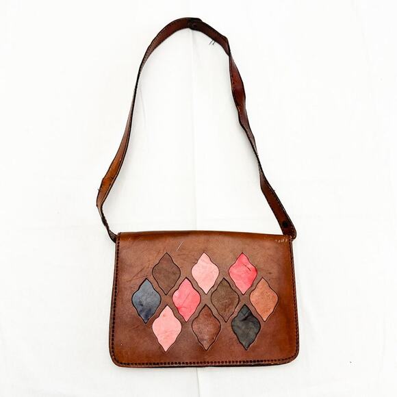 Valerie Large Brown Genuine Leather Tan Leather Patterned Handbag Purse Italy - Picture 1 of 5